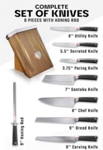 Elevate your kitchen with the Dalstrong Vanquish Series Knife Block Set, featuring 8pcs forged high carbon German steel knives, premium wood block, and NSF certified black POM handles. Perfect Valentine's gift for the man in your life.