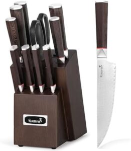 "Sharp your culinary skills with this Kuisine Kitchen Knife Set featuring Damascus Steel ultra sharp blades and ergonomic non-slip wood handles. Includes built-in sharpener for effortless maintenance."