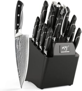 Get ready to elevate your cooking game with the 18 Pieces Damascus Kitchen Knife Set. Includes steak knives, sharpener, shears, and a wooden block for organized storage.