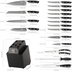 Get ready to elevate your cooking game with the 18 Pieces Damascus Kitchen Knife Set. Includes steak knives, sharpener, shears, and a wooden block for organized storage.