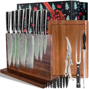 Unlock the ultimate kitchen experience with this 13-piece knife set, featuring magnetic block holder, cutting boards, scissors, and sharpening rod. Perfect for gifting, dimensions 12x8.5x2 inches, black resin design.