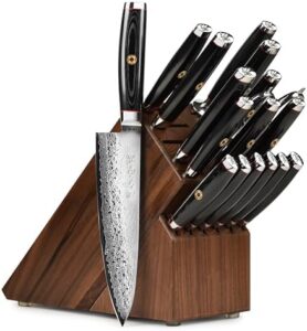 Discover the Enso SG2 18-piece knife set, crafted in Japan with 101-layer stainless Damascus steel and a premium walnut block. Sharpens blades to perfection.