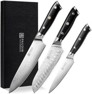 Discover the ultimate chef's companion with PAUDIN's Damascus Knife Set, featuring 3 ultra-sharp knives crafted from Japanese VG10 steel and durable G10 handles. Perfect for home cooks and professionals alike!