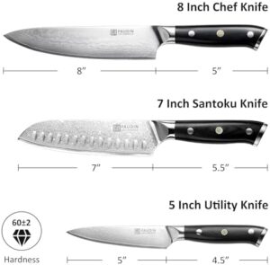 Discover the ultimate chef's companion with PAUDIN's Damascus Knife Set, featuring 3 ultra-sharp knives crafted from Japanese VG10 steel and durable G10 handles. Perfect for home cooks and professionals alike!