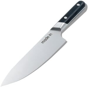 Discover the art of cooking with Made In Cookware's 8" Chef Knife, crafted in France with a full tang and truffle black handle. Perfect for precise cuts and durable performance.