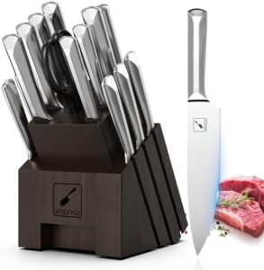 Discover the ultimate kitchen companion - imarku's 16-piece high-carbon stainless steel knife set. Includes ultra-sharp knives, sharpener, and block. Perfect for home cooks and chefs alike, dishwasher safe and great as a gift.