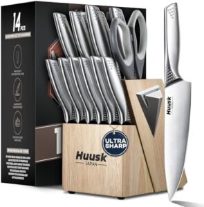 Discover the Huusk 14-piece kitchen knife set, featuring Japanese stainless steel blades, dishwasher-safe design, and a sharpener. Perfect gifts for men and women, this comprehensive set includes everything you need to prepare delicious meals.