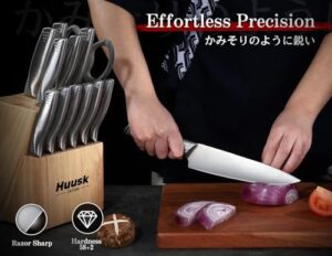 Discover the Huusk 14-piece kitchen knife set, featuring Japanese stainless steel blades, dishwasher-safe design, and a sharpener. Perfect gifts for men and women, this comprehensive set includes everything you need to prepare delicious meals.