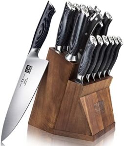 "Upgrade your kitchen essentials with Shan Zu's high-quality knife sets featuring Japanese Super Steel blades and ergonomic handles. Includes removable block for easy cleaning and storage."
