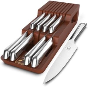Here is the optimized SEO meta description:

"Discover the imarku 10-piece Japanese stainless steel knife set with wooden drawer organizer. Sharp and durable, perfect for chefs and home cooks alike. Dishwasher safe and a great gift idea for women or men."
