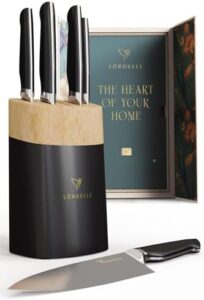 Discover the ultimate knife block set for home cooks! This 5-piece German X50 stainless steel set includes a chef knife, santoku, paring, and utility knife with an ash wood block and ABS handle. Upgrade your kitchen with this premium black vintage ink design.