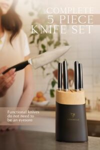 Discover the ultimate knife block set for home cooks! This 5-piece German X50 stainless steel set includes a chef knife, santoku, paring, and utility knife with an ash wood block and ABS handle. Upgrade your kitchen with this premium black vintage ink design.