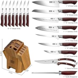 Discover the ultimate kitchen companion! This 18-piece set includes super sharp high carbon stainless steel chef knives, a sharpener, and block. Perfect for professional or home cooking.