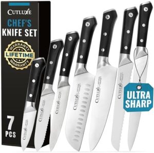 Here is the optimized SEO meta description:

"Elevate your cooking skills with Cutluxe's 7-piece chef knife set featuring razor-sharp German steel, full tang and ergonomic handles. Perfect for professional chefs and home cooks alike."