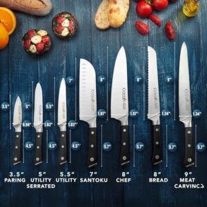 Here is the optimized SEO meta description:

"Elevate your cooking skills with Cutluxe's 7-piece chef knife set featuring razor-sharp German steel, full tang and ergonomic handles. Perfect for professional chefs and home cooks alike."