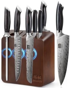 Here is the generated SEO meta description:

"Sharp your culinary skills with this 7-piece SHAN ZU kitchen knife set featuring ultra-sharp Japanese blades and a magnetic block for effortless organization. Includes sharpening steel and Pakkawood handle for durability and grip."