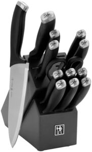 Enhance your cooking experience with the Henckels Silvercap 14-Piece Knife Set. Includes chef, paring, utility, bread, and steak knives with black stainless steel block for organized storage. Perfect for home cooks and professional chefs alike.