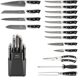 Discover the ultimate 18-piece Damascus kitchen knife set from Nanfang Brothers. Includes chef knives, carving fork, sharpener, shears and block storage. Perfect for chefs and home cooks alike.