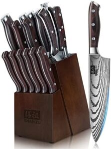 Here is the optimized SEO meta description:

"Sharp and durable Japanese kitchen knife set for professional chefs. 16-piece set includes ultra-sharp knives, sharpener block and more. Upgrade your cooking experience with this premium stainless steel SHAN ZU Knife Set."