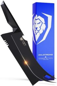 "Elevate your grilling game with Dalstrong's BBQ Pitmaster 9-inch Meat Knife, featuring black titanium nitride coating and high carbon steel. Razor sharp and NSF certified, perfect for cooking enthusiasts."