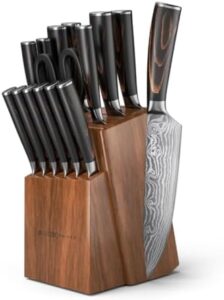 Elevate your cooking experience with the Yatoshi 15 Piece Knife Block Set, featuring ultra-sharp high carbon stainless steel blades and ergonomic handles for precise control. Perfect for home chefs, dimensions 17.5x7.5x3 inches.