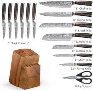 Elevate your cooking experience with the Yatoshi 15 Piece Knife Block Set, featuring ultra-sharp high carbon stainless steel blades and ergonomic handles for precise control. Perfect for home chefs, dimensions 17.5x7.5x3 inches.