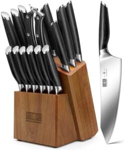 Here is the optimized SEO meta description:

"Sharp and durable kitchen knife set for professionals, featuring 16 pieces with block, sharpener included. Perfectly balance high carbon steel blades for precise cuts."
