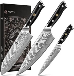 Discover the Damascus Kitchen Knife Set 3 PCS featuring NSF food-safe Japanese knives with VG10 steel core for ultra-sharp performance. Perfect for professional chefs and home cooks, this elegant set includes a G10 handle and compact box storage.