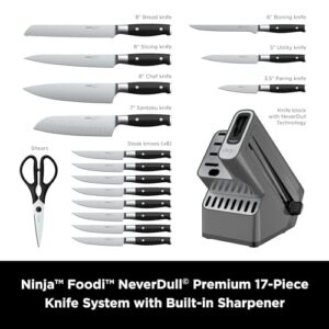 Elevate your cooking experience with the Ninja K32017 Foodi NeverDull Premium Knife System. Includes 17-piece knife block set and built-in sharpener, featuring German stainless steel knives for durability and ease of use.