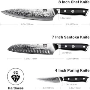 Discover the SHAN ZU Damascus Knife Set, a 3-piece professional chef knife set crafted from Japanese Super Steel and featuring G10 handles. Perfect for home cooks and chefs alike.