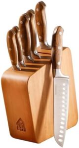 Elevate your cooking experience with this 7-piece knife block set featuring German-forged steel knives and Italian olive wood handle, perfect for home cooks. Get ready to slice and dice like a pro!