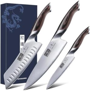 Discover the ultimate professional kitchen knife set! This 3-piece Japanese high carbon stainless steel set features ultra-sharp blades and ergonomic Pakkawood handles for precise cutting. Perfect for chefs and home cooks alike, with discounts available on this top-rated set.
