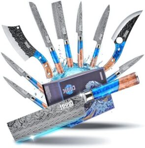 Here is the optimized SEO meta description:

"Experience precise cutting with JIKKO's 9-piece Japanese Chef Knife Set. Includes ultra-sharp high carbon steel blades and ergonomic olive wood handles for comfortable grip. Perfect for home cooks and professional chefs alike!"
