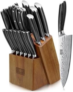 "Upgrade your kitchen with this 16-piece ultra sharp knife set featuring high carbon powder steel blades, a pakkawood handle, and built-in sharpener. Perfect for professional chefs or home cooks."