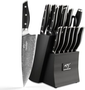 Discover the ultimate kitchen companion - Damascus Knife Set with Block for Kitchen. Includes superior VG10 steel knives, sharpener & wooden block. Perfect for home cooks & chefs.