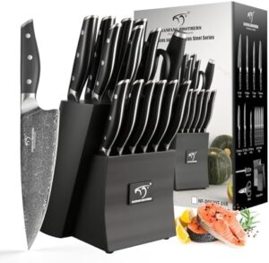 Discover the ultimate kitchen companion - Damascus Knife Set with Block for Kitchen. Includes superior VG10 steel knives, sharpener & wooden block. Perfect for home cooks & chefs.