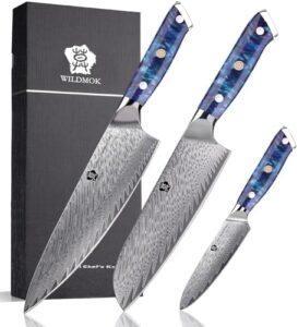Discover the ultimate kitchen companion: WILDMOK's 3-piece Damascus Steel Chef Knife Set with ultra-sharp blades and durable resin handles. Perfect for professional chefs and home cooks alike!