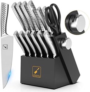 Get sharp in the kitchen with imarku's 14-piece knife set featuring a built-in sharpener and stainless steel chef knives. Includes dishwasher-safe black handles. Perfect for home cooks!