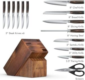 Elevate your cooking experience with the Yatoshi 15-piece knife block set, featuring ultra-sharp high-carbon stainless steel blades and ergonomic handles. Perfect for professional chefs and home cooks alike.