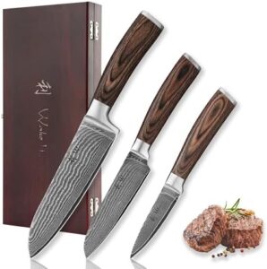 Discover the Wakoli Damascus kitchen knife set, featuring 67-layer Damascus steel and VG10 core for unparalleled sharpness. Includes 3 pieces with Pakkawood handles in a wooden gift box. Perfect for professional chefs and home cooks alike.