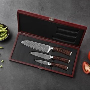 Discover the Wakoli Damascus kitchen knife set, featuring 67-layer Damascus steel and VG10 core for unparalleled sharpness. Includes 3 pieces with Pakkawood handles in a wooden gift box. Perfect for professional chefs and home cooks alike.