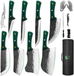 Discover the FULLHI Butcher Knife Set with kitchen shears and hand-forged boning knife for high-carbon steel cooking. Perfect for camping, BBQ, and home use, this set offers precision and durability.
