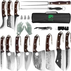 Here is the generated SEO meta description:

"Unlock precise cuts with this 17-piece Fullhi butcher chef knife set, featuring high carbon steel cleaver and vegetable knives. Includes sheath and bag for ultimate portability."