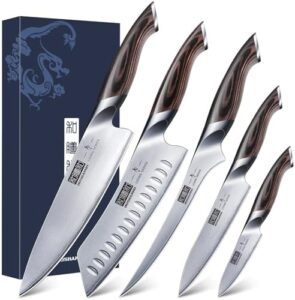 Discover the perfect kitchen companion: 5-piece knife set featuring Japanese high carbon stainless steel blades and ergonomic Pakkawood handles for precise cuts.