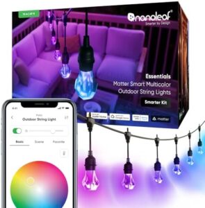 Here is the optimized meta description:

"Enhance your outdoor space with Nanoleaf Essentials Matter Smart Multicolor String Lights, featuring 20 color-changing bulbs, Wi-Fi and Bluetooth connectivity, and IP65 water resistance for worry-free use."