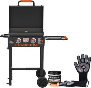 Cook up adventure with the Blackstone Griddle 1944, featuring a portable propane grill stand, cutting board kit, seasoning, and gloves. Grill anywhere!