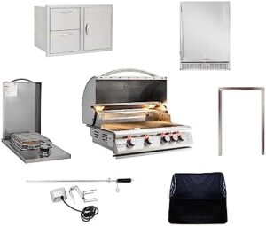 Savor backyard gatherings with the BLAZE BBQ Outdoor Package featuring a 32" built-in gas grill, single side burner, storage drawers, and refrigerator, perfect for outdoor entertaining.