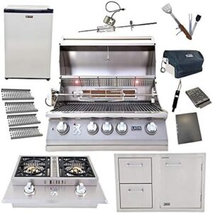 Elevate your backyard gatherings with the Lion 32-Inch Natural Gas Grill, featuring 4 ceramic tubes, flame tray, door, and drawer combo, plus double side burner and refrigerator. Perfect for gourmets!