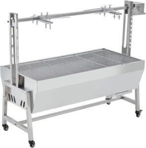 "Upgrade your backyard gatherings with this electric rotisserie grill kit, featuring a 132LBS capacity and stainless steel design. Perfect for cooking large cuts of meat and vegetables."