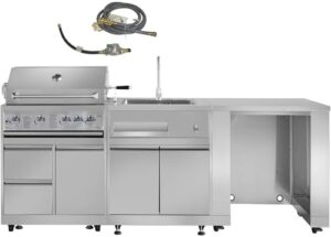 Discover the CT Copper Tailor Outdoor Kitchen Package with built-in grill, storage cabinet, kitchen sink, and fridge cabinet. Perfect for outdoor gatherings, this 4-piece set includes a gas grill island and natural gas kit.